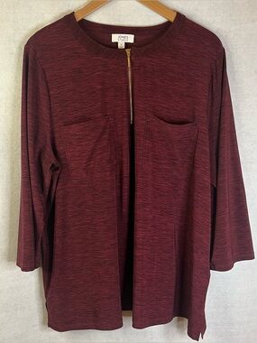 Jones Studio Top Pullover 1X NWOT Heathered Maroon 3/4 Sleeve Wine Zip Pockets